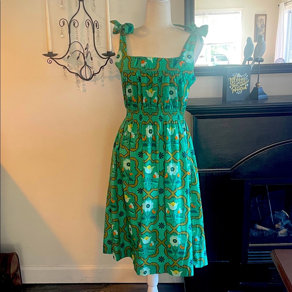 Spero Park Sundress Jade Tulips Cotton Sz Small 4-6 Green Midi MSRP $148